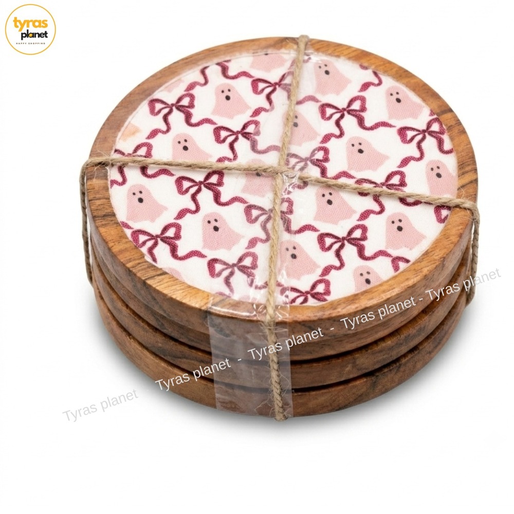 Pink Ghost Red Bow Wood Coasters Set of 4 Coquette Halloween Spooky Decor NEW